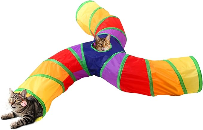 Coolcandy Cat Tunnel & Interactive Cat Toy Indoor, Curved 3 Way Tunnel Toys for Indoor Cats, Collapsible Interactive Peekaboo Cave with Play Ball, for Multi-Way Play & Small Animals