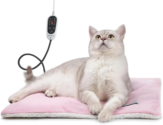 Rest-Eazzzy Heated Cat Bed, Removable Cover, 5-Level Timer & Temperature, Indoor Warming Mat (Heat Pad, Pure-Pink)