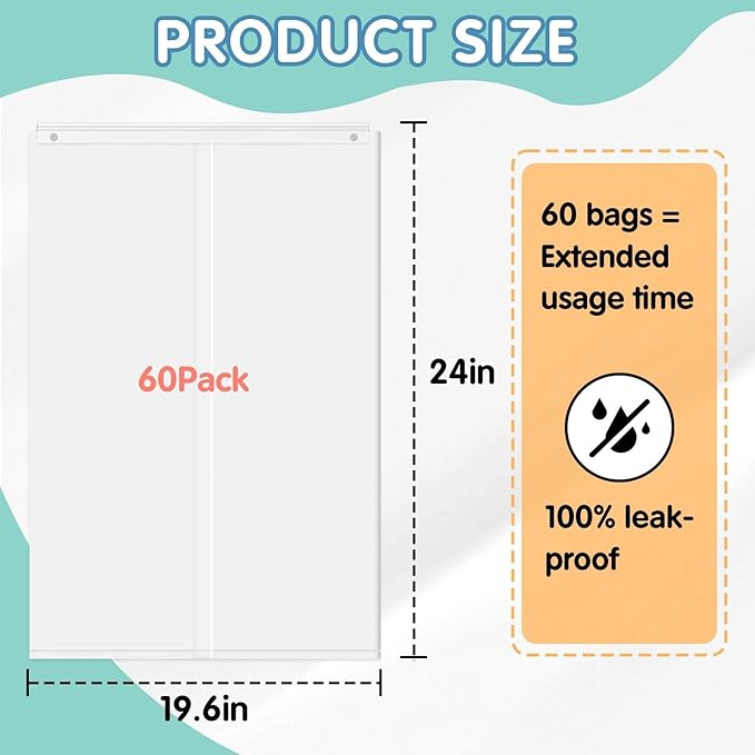60Pcs Cat Litter Box Liners for PetSnowy SNOW+ Automatic Cat Litter Box, Tear & Leak Resistant Self-Sealing Waste Drawer Liner Bags