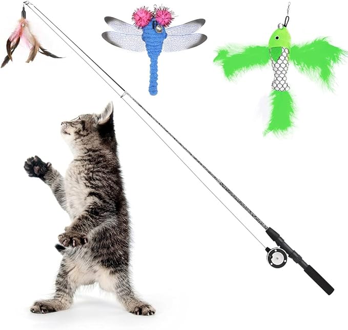 Pawaboo Cat Feather Toys, 4 Pack Interactive Teaser Wand, Retractable Fishing Pole Catcher Exerciser With Refill Fish, Dragonfly Worm With Bells, Fun Kitten Kitty Playing Toy