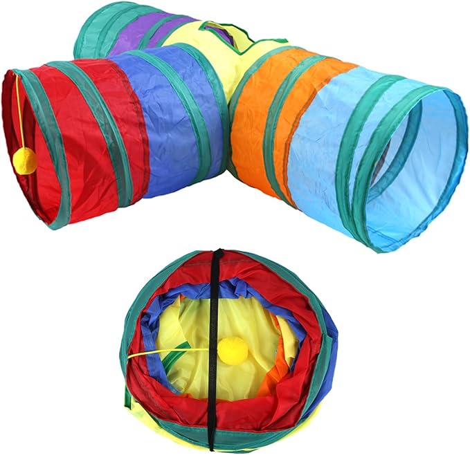 32Pcs Cat Toys Kitten Interactive Pet Toys Assortments, Foldable Rainbow Tunnel, Teaser Wand Fluffy Mouse Crinkle Balls Bell Play for Puppy Kitty (3 way)