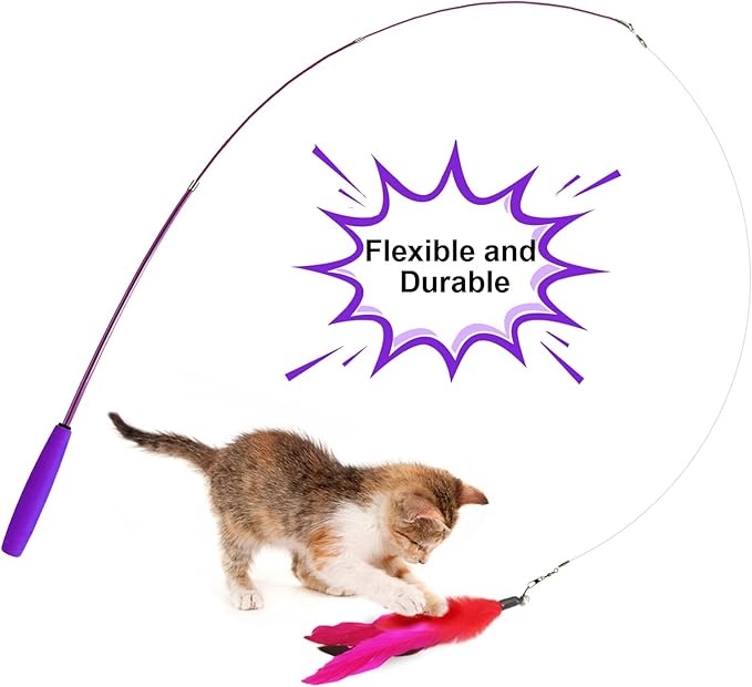 Cat Toys, 2PCS Retractable Feather Toys, 10PCS Replacement Teaser Refill, 1PC Rainbow Ribbon Wand Interactive Kitten Toys for Indoor Cat Make Exercise