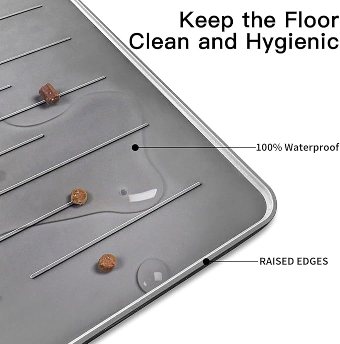 32" x 24" Large Pet Food Mat, Silicone Dog Mats for Food and Water, Nonslip Pet Feeding Mats for Floors,Dog Cat Bowl Mat with Raised Edges, Gray Blue