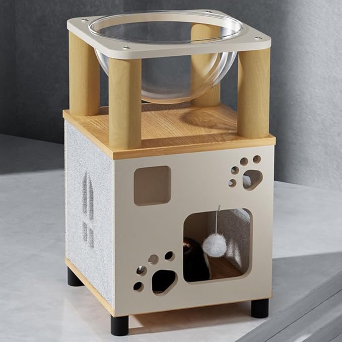 Pet Sleeping House Wooden,Cat Scratcher Box House,Log Color and White Large Cat Shelter,Wooden Box Pet House (Height, 14.96in)