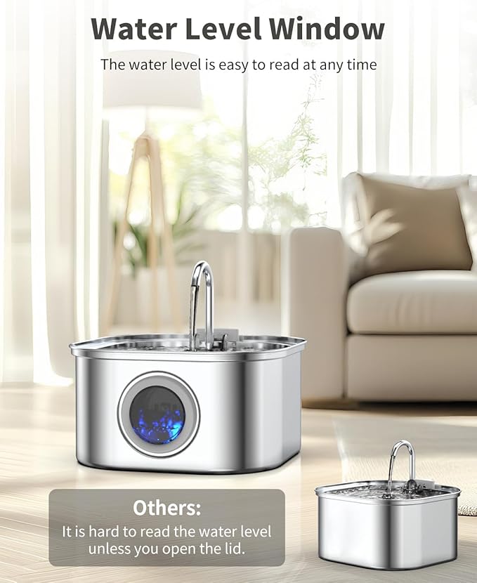 Cat Water Fountain Stainless Steel, 108oz/3.2L Automatic Pet Water Dispenser with 5V Quiet Pump, Triple Filtration, Visible Water Level Window, for Cats, Dogs, Multi-Pet Homes