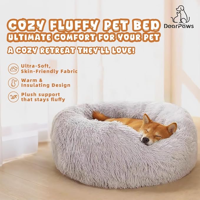 Comfy Dog Bed Large Size Dog - Donut Washable Large Pet Bed, 39 inches Anti-Slip Round Fluffy Plush Faux Fur Cat Bed, Fits up to 120 lbs Pets (Camel)