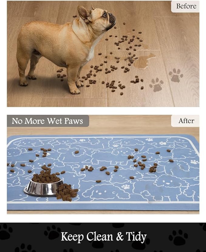 Pet Feeding Mat-Absorbent Dog Mat for Food and Water Bowl-No Stains Quick Dry Water Dispenser Mat-Dog Accessories Pet Supplies-Bowl for Messy Drinkers(BLUEDOGS,12"x19"