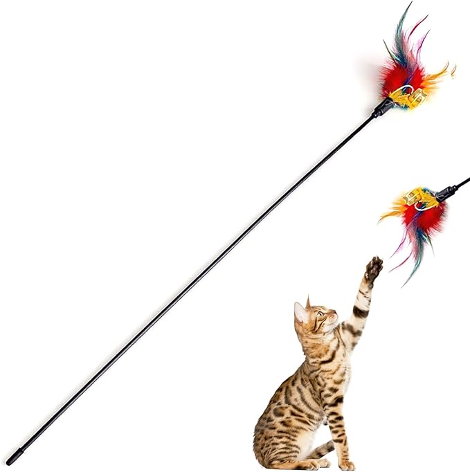 Cat Feather Toys, Cat Toy with Elastic Turkey Feathers, Interactive Teaser Wand with Bell, Durable Flexible Rod for Playful Kittens and Cats, Indoor Entertainment for Pets (2")