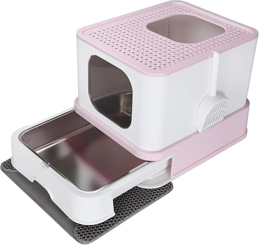 RIZZARI Stainless Steel Cat Box: Enclosed Design with High Walls - Pink - Large Litter Pan for Odor Control Indoors