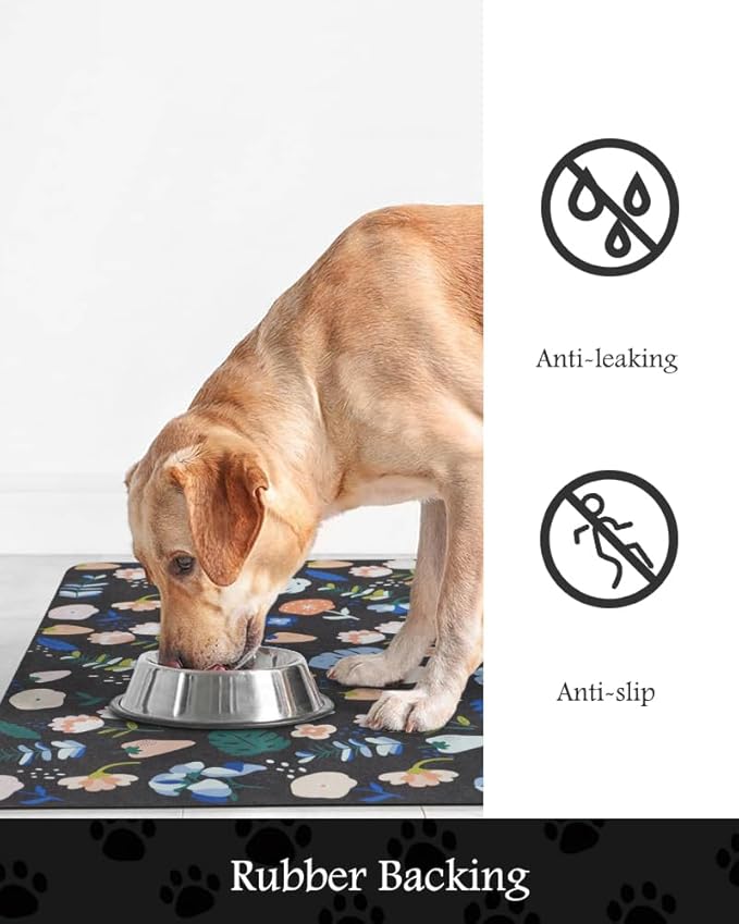 Pet Feeding Mat-Absorbent Dog Mat for Food and Water Bowl-No Stains Quick Dry Water Dispenser Mat-Dog Accessories Pet Supplies-Bowl for Messy Drinkers(DARKFLOWERS,23"x34"
