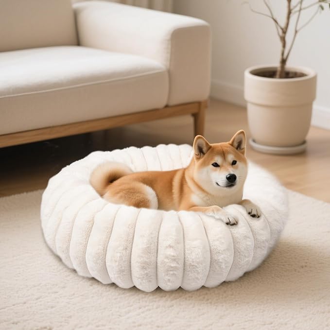 Calming Donut Dog Cat Bed, Anti-Anxiety Fluffy Warm Cozy Round Puppy Bed, Fuzzy Comfort Plush Pet Beds for Small Medium Dogs & Cats (20"/23"/28"/30"/36")