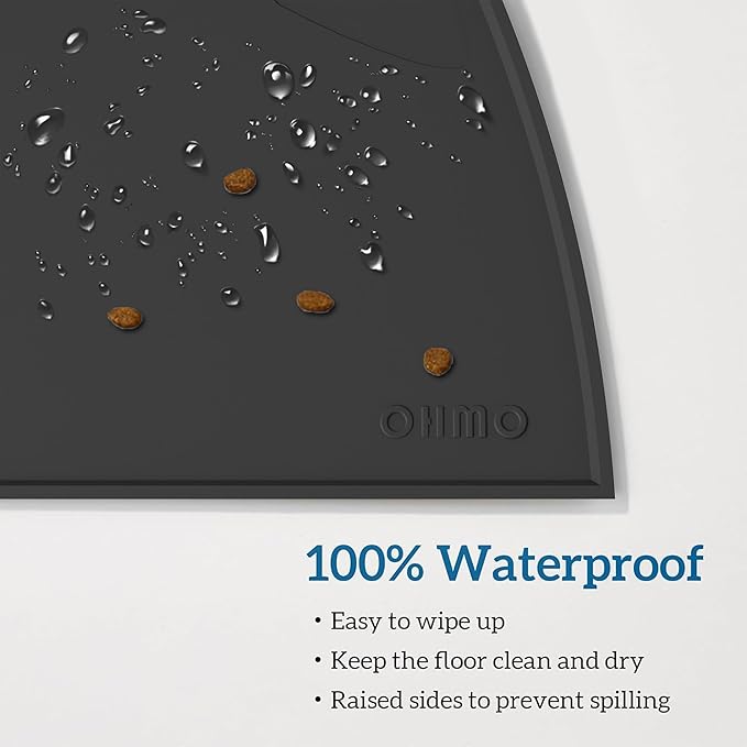 OHMO - Cat Food Mat, Silicone Pet Feeding Mat for Floor Non-Skid Waterproof Dog Water Bowl Tray, Easy to Clean Pet Placemat (Black, 18 * 9.8'')