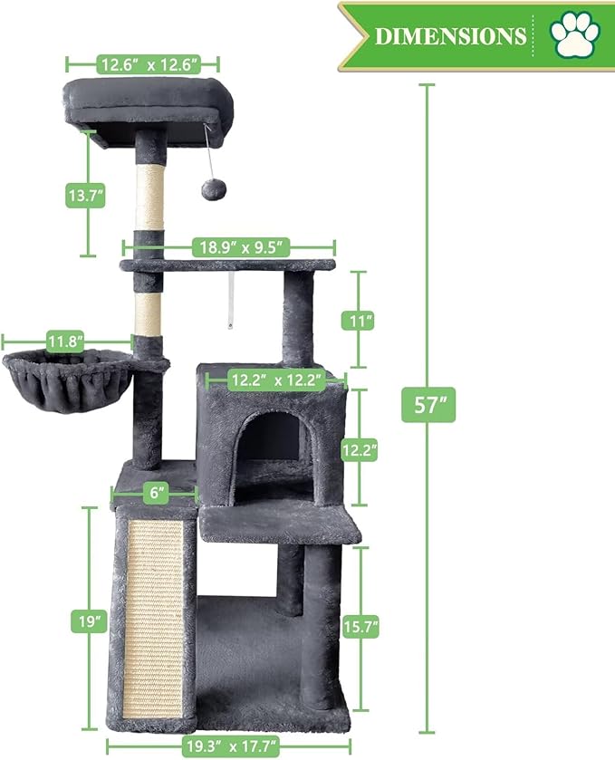 57" Cat Tree Tower for Indoor Cats, Multi-Level Cat Tower Condo with Sisal Scratching Post (Dark Gray)