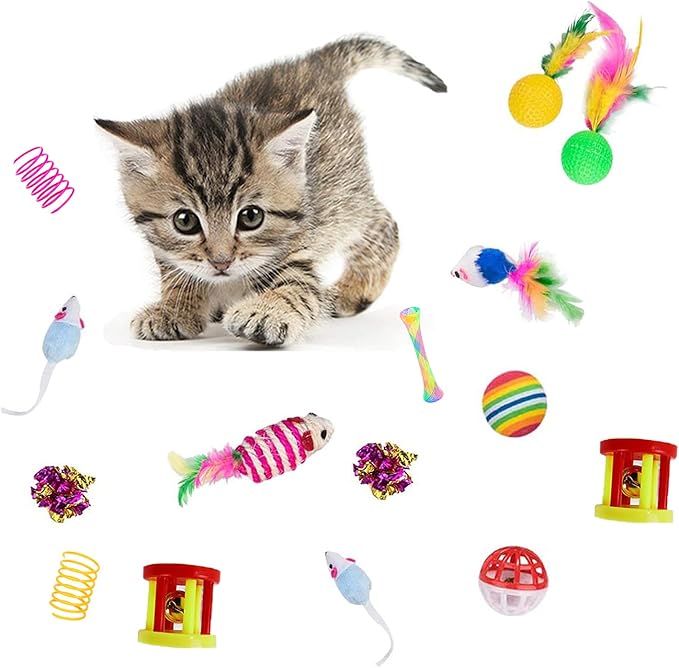 32Pcs Cat Toys Kitten Interactive Pet Toys Assortments, Foldable Rainbow Tunnel, Teaser Wand Fluffy Mouse Crinkle Balls Bell Play for Puppy Kitty (3 way)