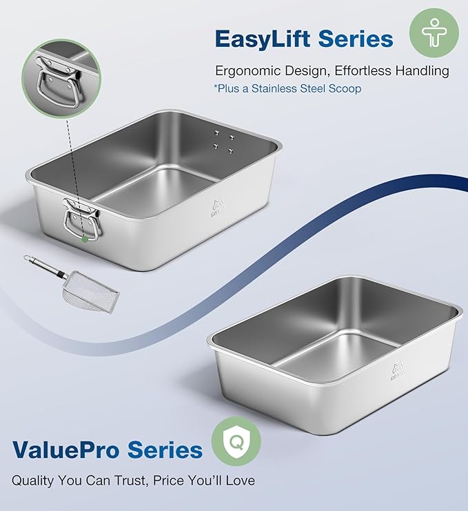 Stainless Steel Cat Litter Box with Handle, Metal Kitty Litter Box with High Sided for Small Cats, Non-Stick, Easy to Clean, Odor-Free, 15.6"×11.6"×5.9" for Kitten, Kitty, Rabbit