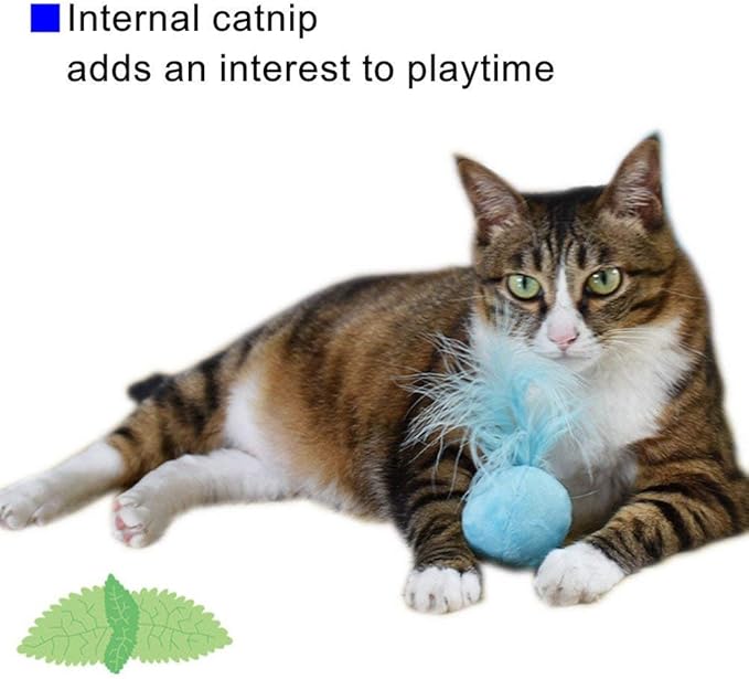 Furry Rattle Ball Cat Toy with Feather and Catnip - Interactive Pom Pom Balls for Cats, Soft and Lightweight, 2 Inch, 3 Pack.