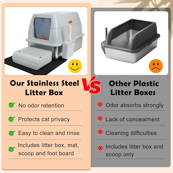 Vivifying Stainless Steel Litter Box with Lid, XL Front Entry Enclosed Extra Large Litter Box for Big Cats & Kitty, Top Exit Metal Cat Pan with Scoop, Mat, Trapping Step, Charcoal Filter (Gray)