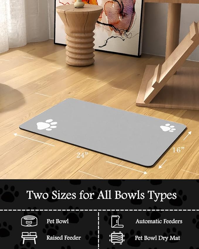 Pet Feeding Mat-Absorbent Dog Mat for Food and Water Bowl-No Stains Quick Dry Water Dispenser Mat-Dog Accessories Pet Supplies-Bowl for Messy Drinkers(LIGHTGREY,16"x24"