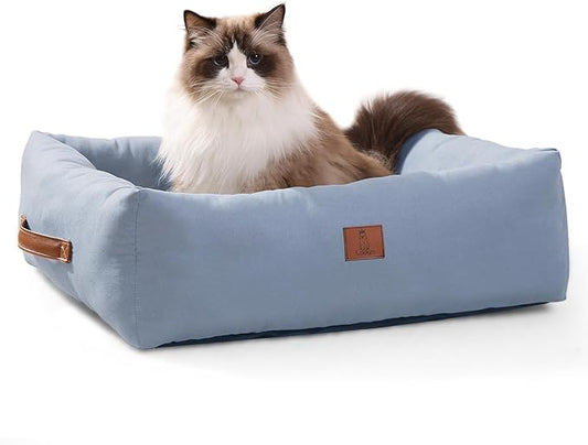 20In Dog Bed for Small Medium Sized Dogs and Cats - Washable Rectangle Puppy Bed for Indoor Outdoor, Cozy Pet Bed with Support Pillow & Non-Slip Bottom(Blue, Small)