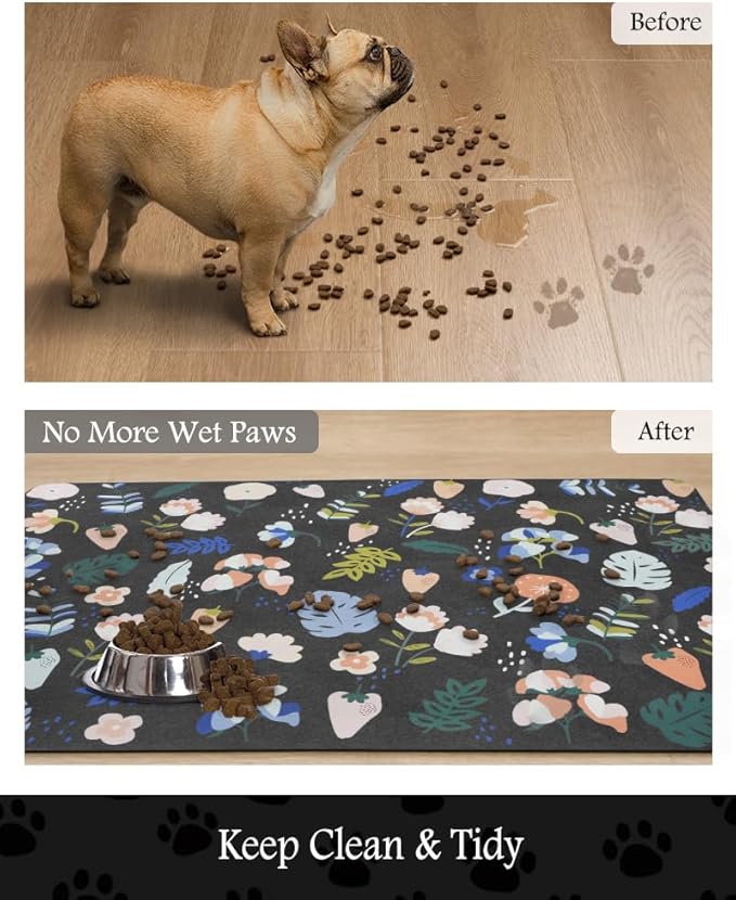Pet Feeding Mat-Absorbent Dog Mat for Food and Water Bowl-No Stains Quick Dry Water Dispenser Mat-Dog Accessories Pet Supplies-Bowl for Messy Drinkers(DARKFLOWERS,23"x34"