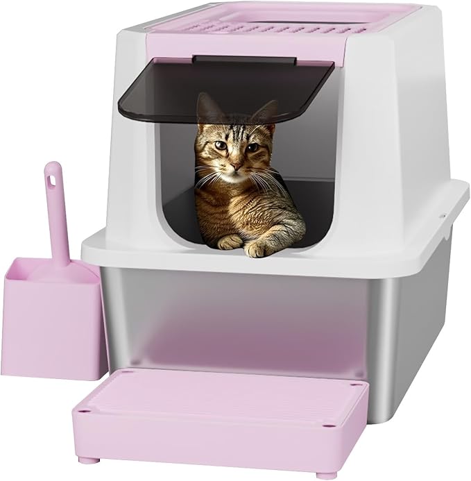 RIZZARI Stainless Steel Cat Litter Box, Odorless Enclosed Litter Box with Top Holes, Large Litter Pan for Small to Large Sized Cats (Dark Pink, 24" L*16" W*18" H)