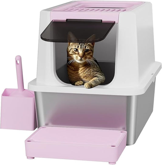 RIZZARI Stainless Steel Cat Litter Box, Odorless Enclosed Litter Box with Top Holes, Large Litter Pan for Small to Large Sized Cats (Dark Pink, 24" L*16" W*18" H)