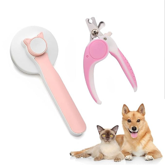 2PCS Pet Grooming Kit, Cat Brushes & Cat Nail Clipper, Cat Grooming Brush for Sedding and Grooming Fur (Pink)