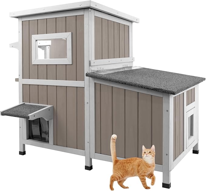 36.1" L Outdoor Cat House,2 Story Wooden Outdoor Cat Shelter with 3 Escape Doors,Weatherproof Fir Wood Feral Cat House with 2 Big Rest Room & Openable Asphalt Roof for 2-3 Cats