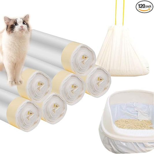 120 Count Cat Drawstring Litter Box Liners 26.6 x16.7 inches 2 Mils Heavy Duty Leak-proof Cat Poop Bags Extra Durable Compatible with 3/4, 10-12 Gallons
