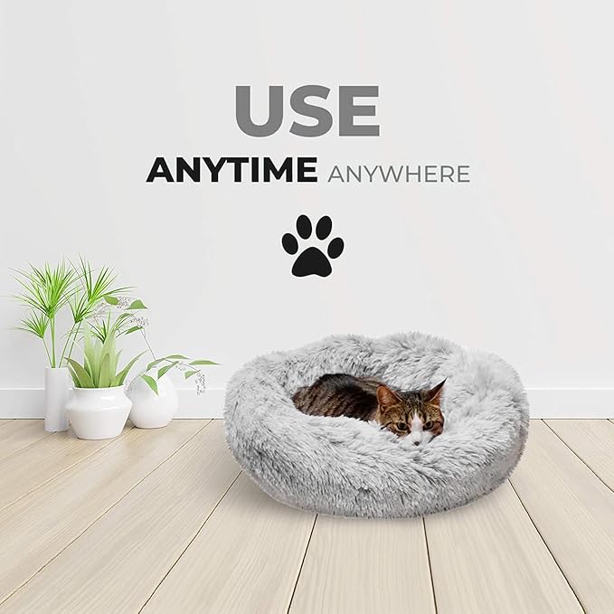 Whiskers & Friends Cat Bed, Cat Beds for Indoor Cats Washable, Orthopedic Soft Fluffy Round Calming Pet Bed for Small to Large Kitty Kittens & Dogs, Small Dog Beds & Furniture - with Blanket