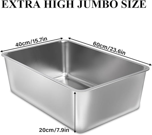 Stainless Steel Litter Box, 23.6x15.8x8 Inch(Deep) Stainless Steel Cat Litterbox XXL with High Sides, Non Stick No Smell Easy Clean Jumbo Metal Litter Boxes for Big/Fat Kitty