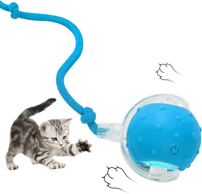 Electric Interactive Cat Toy Ball - Automatic Rolling Silicone Cat Toys for Indoor Cats, Durable Chew-Proof Motorized Kitty Ball with LED Light, Fun Exercise Toys for Bored Kittens(Blue)