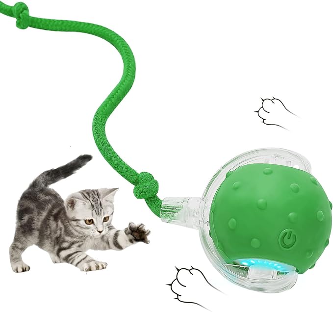Electric Interactive Cat Toy Ball - Automatic Rolling Silicone Cat Toys for Indoor Cats, Durable Chew-Proof Motorized Kitty Ball with LED Light, Fun Exercise Toys for Bored Kittens(Green)