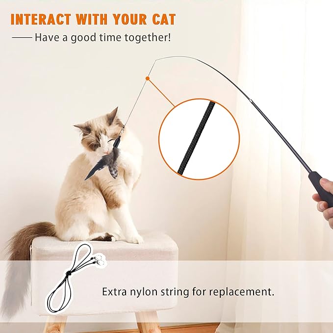 Retractable Cat Wand Toys - Interactive Feather Wand with Bell for Indoor/Outdoor Cats, 8 Pack