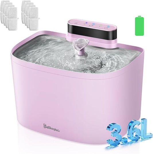 Cat Water Fountain, 122oz/3.6L Pumpless Cat Fountain, Cordless Water Fountains for Cats Indoor, Dog Pet Water Fountain Battery Operated with Stainless Steel Tray (Pink, Fountain+8 Fliters)