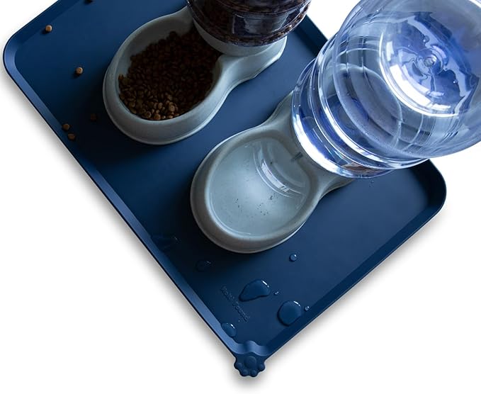 Hoki Found Large Silicone Pet Food Mat - Non Slip Dog, Cat Bowl Mat Tray - Waterproof Feeding Placemat - Indigo Ink