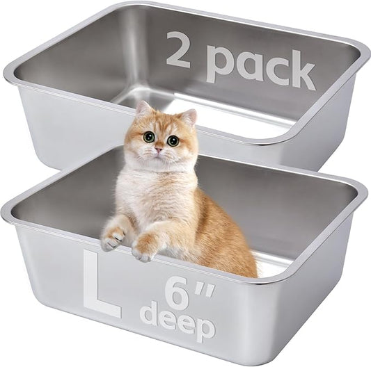 Stainless Steel Litter Box 2 Pack,Metal Litter Box Easy to Clean,Cat Litterbox Supplies for Kitten, Kitty, Rabbit, 6" High Side Cat Litter boxs,Stainless Steel LitterBox, No Smell,Non Stick