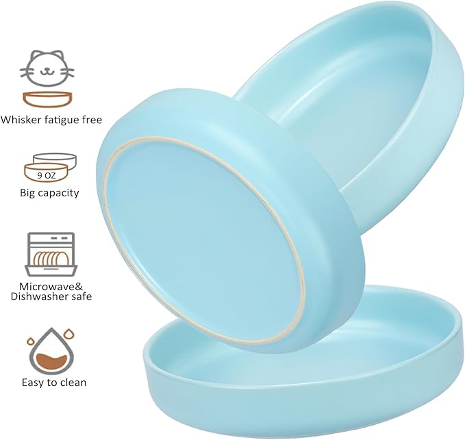Ceramic Cat Bowls,Shallow Cat Dishes for Food and Water, 6 inch Matte Finish Wide Cat Food Bowl,Whisker Fatigue Free Pet Puppy Kitten Bowl Set of 3,Dishwasher Safe