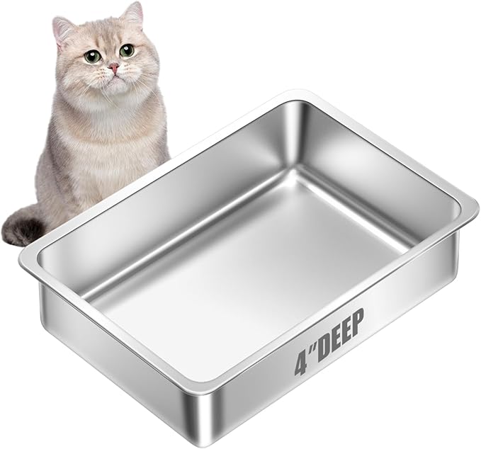 Stainless Steel Cat Litter Box for Kitten, Metal Litter Pan Tray for Rabbits Hamsters, Easy to Clean Cat Toilet Supplies-17.72''Lx 13.78'' W x4'' H