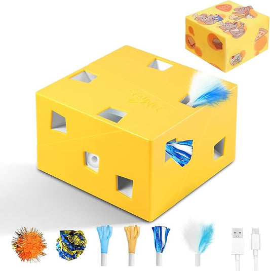 Migipaws Automatic MigiBox Plus Cat Toys 3 n1 Interactive Pounce Mystery Under PopSkin 12 Holes Cardboard Kitten Toys for Indoor Rechargable 8 Accessories(Yellow)