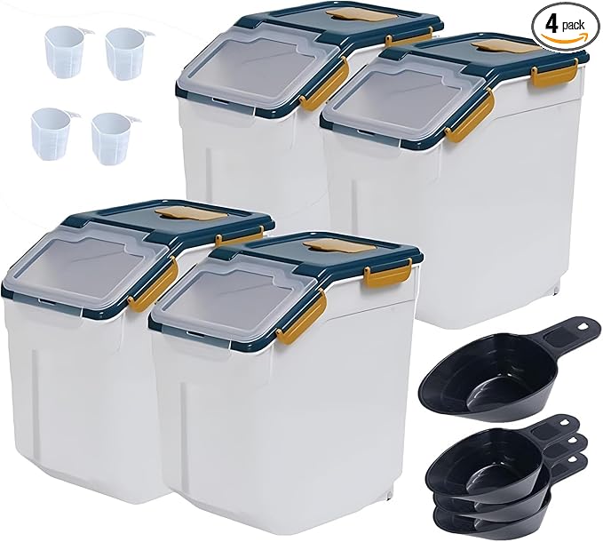 AnRui Large Flour Storage Containers 25Lbs Airtight Rice Storage Container BPA Free Kitchen Pantry Food Storage Bin Sugar Snack Cereal Grain Organizer Box with Wheel, Scoop, 4Pack, Blue