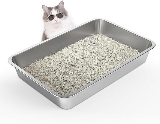 Stainless Steel Cat Litter Box, 4in Shallow Litter Box for Senior Cats and Kittens, Extra Large Metal Litter Pan Nonstick Odor Control Anti-Corrosion