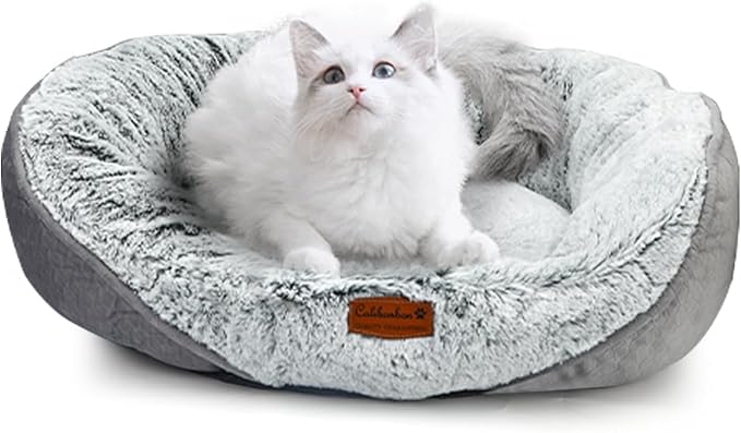 Dog Beds for Small Dogs - Round Cat Beds for Indoor Cats, Washable Pet Bed for Puppy and Kitten with Slip-Resistant Bottom (Light Grey, 20.0" L x 19.0" W x 6.0" Th)