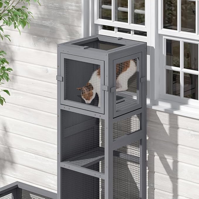 COZIWOW Wooden Cat Play Tunnel with Platforms | Configurable Window Catio | Multi-Combination Extendable Cat Run for Indoor/Outdoor Use | Small Pet Play Enclosure