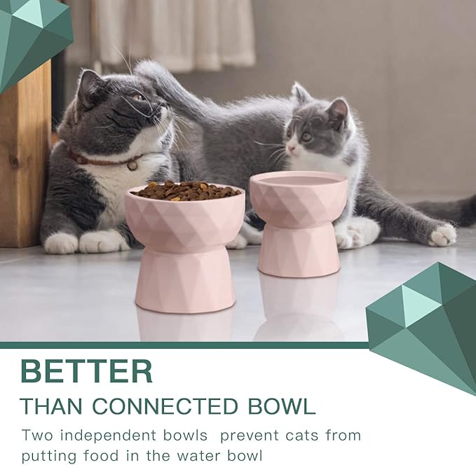 Frewinky Ceramic Cat Bowls Anti-Vomiting, Raised Food and Water Bowl Set for Cats and Small Dogs, 13.5 Oz, Pink
