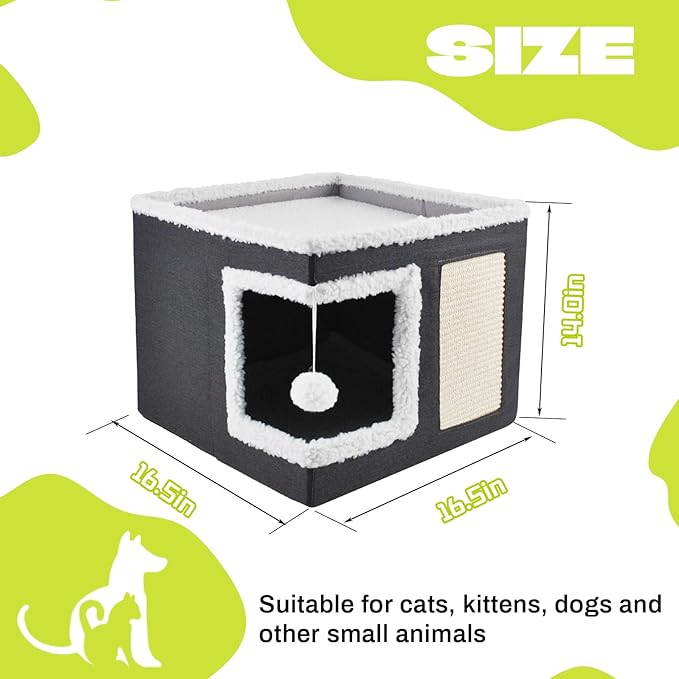 Cat Bed for Indoor Cats Cube House,Large Covered Cat Beds Cave & Furniture with Fluffy Ball and Scratch Pad Foldable Hideaway Nest & Condo with Washable Mat for Kitten Kitty Small Pet(Grey)