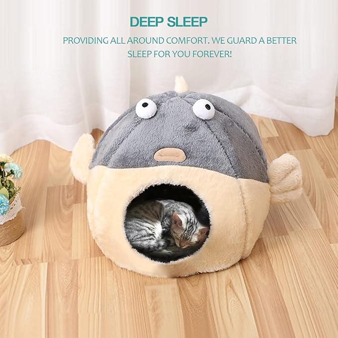 Cat Beds for Indoor Cats - Cat Bed Cave with Removable Washable Cushioned Pillow,2 in 1 Super Soft Animal-Shape Cat Tent for Kitten and Small cat, Lively Pufferfish cat beds & Furniture, Grey(M)