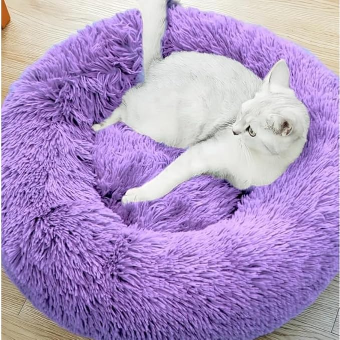 Purrfect Cat Beds - Washable 20/24 inches, Anti-Anxiety Round Plush Faux Fur, Thick Bottom (Purple, Medium) - Suitable for Indoor Cats & Small/Medium Dogs
