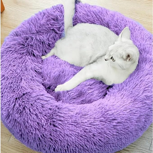 Purrfect Cat Beds - Washable 20/24 inches, Anti-Anxiety Round Plush Faux Fur, Thick Bottom (Purple, Medium) - Suitable for Indoor Cats & Small/Medium Dogs