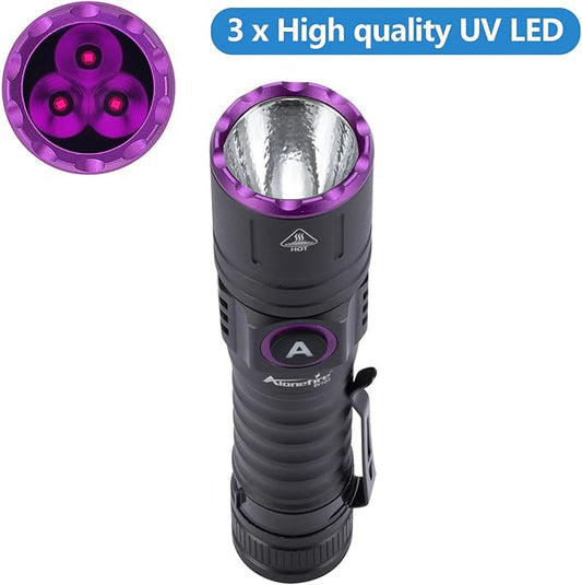 ALONEFIRE SV103 395nm UV Flashlight USB C Rechargeable Black Light Woods Lamp Money Detector for Resin Curing, Pet Urine Detection, Scorpion, Fishing, Minerals, Rocks, Bed Bug, Leaks with Battery